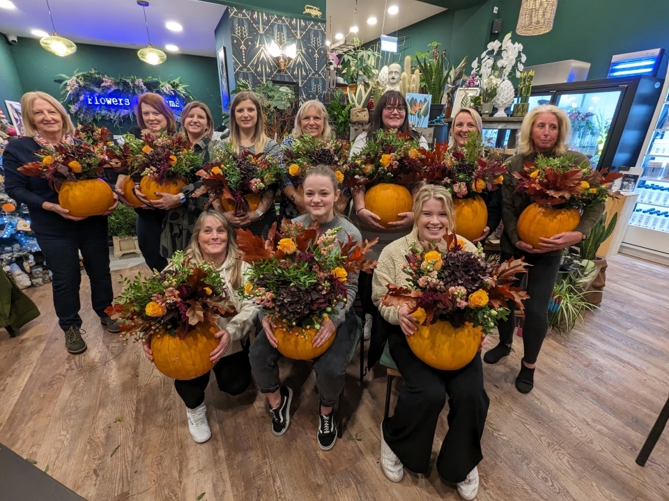 Pumpkin hand tied flower arrangement workshop Oct 23rd